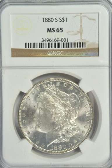 Spectacular GEM 1880-S Morgan Silver Dollar. NGC MS65