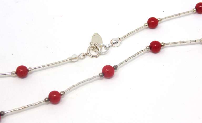 Coral Beaded Sterling Silver Necklace