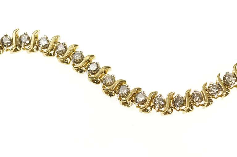 10K Yellow Gold 3.20 Ctw Light Brown Diamond Wavy Link Tennis Bracelet