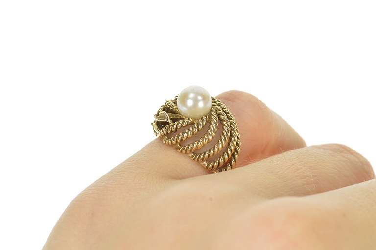 10K Yellow Gold Retro Rope Leaf Twist Pearl Cocktail Statement Ring
