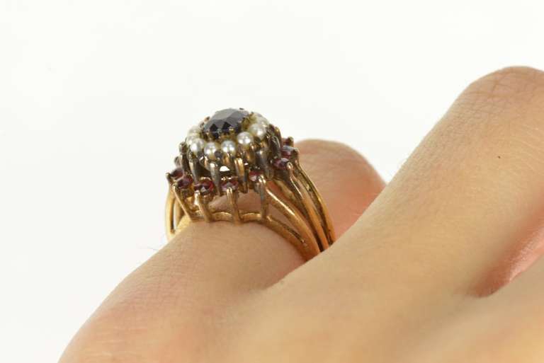 14K Yellow Gold Retro Sapphire Garnet Seed Pearl Halo Cocktail Ring