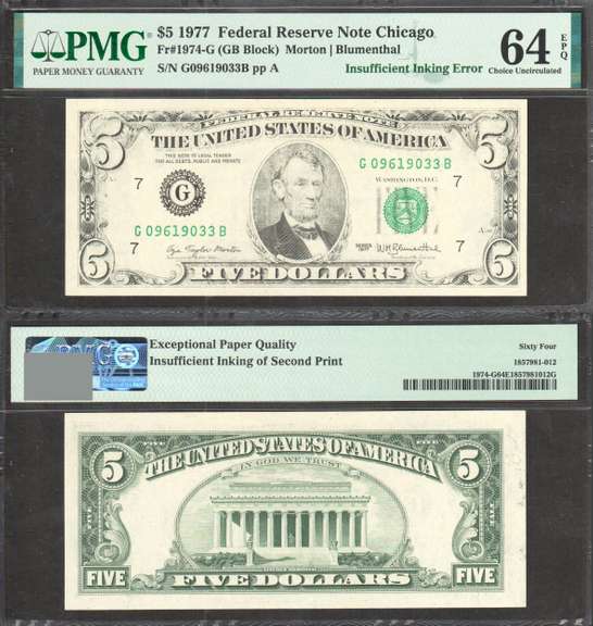 $5 1977 FRN Insufficient Inking Error Front PMG Choice Uncirculated 64EPQ