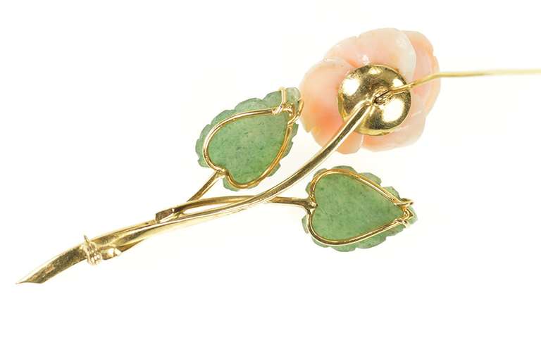 18K Yellow Gold Ornate Carved Coral Jade Leaf 3D Flower Pendant