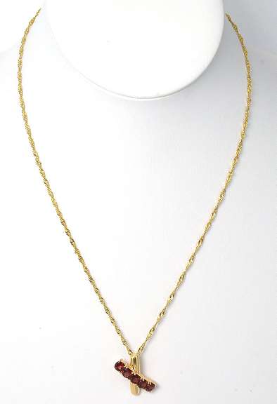 Eye-Catching Garnet X Necklace in 14KT Yellow Gold