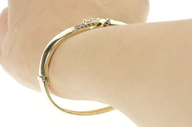 14K Yellow Gold Sapphire Ruby Diamond Patriotic Star Bangle Bracelet