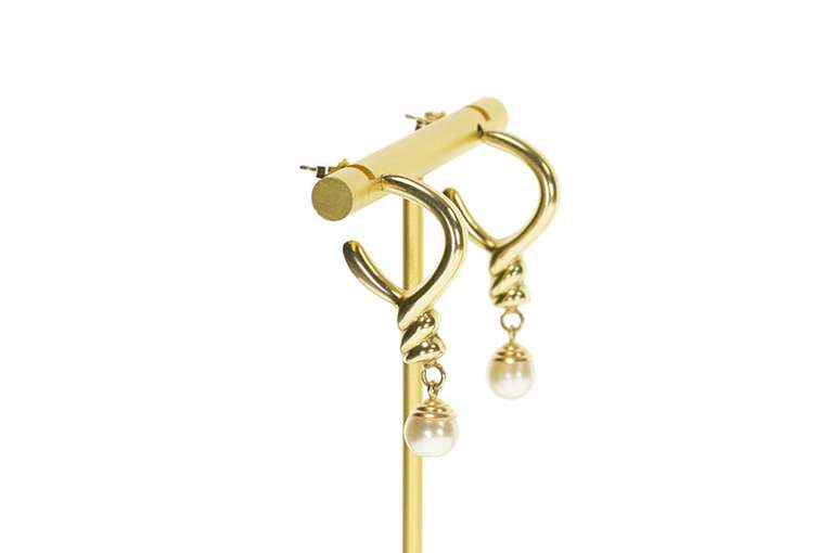 14K Yellow Gold Retro Twist Semi Hoop Pearl Drop Dangle Earrings