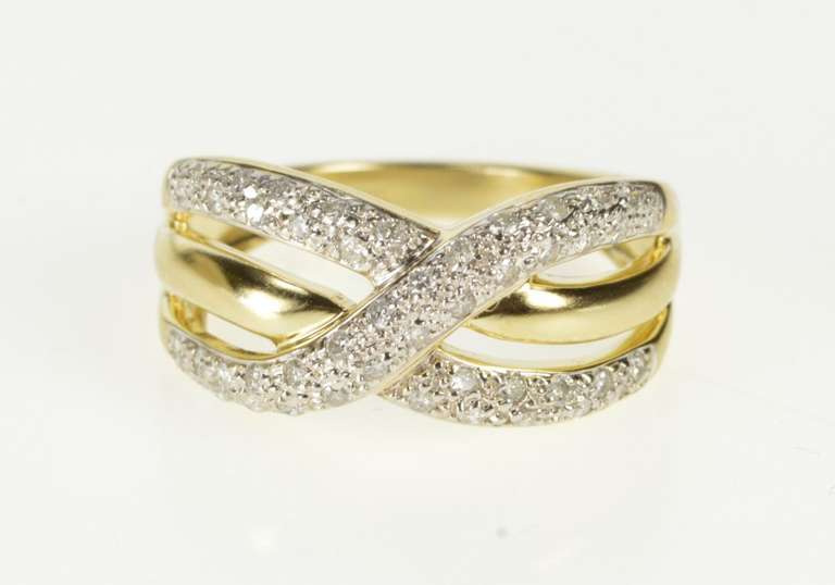 14K Yellow Gold Pave Diamond Encrusted Tiered Criss Cross Ring