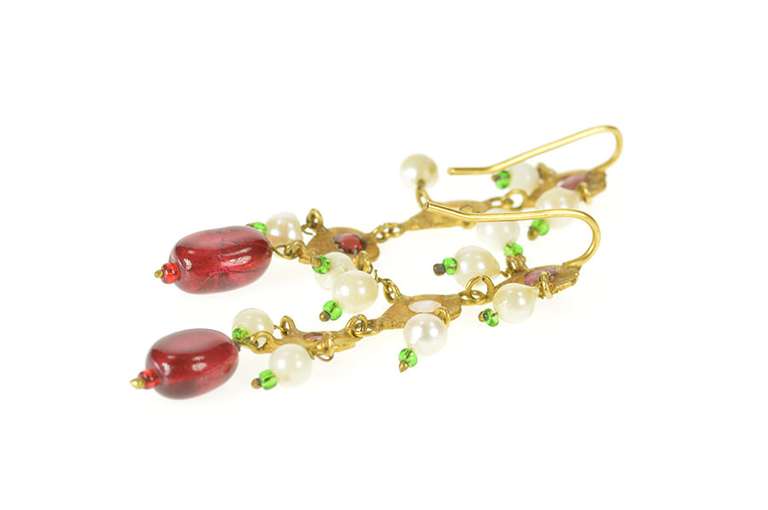 14K Yellow Gold Victorian Ruby Pearl Tourmaline Fringe Dangle Earrings