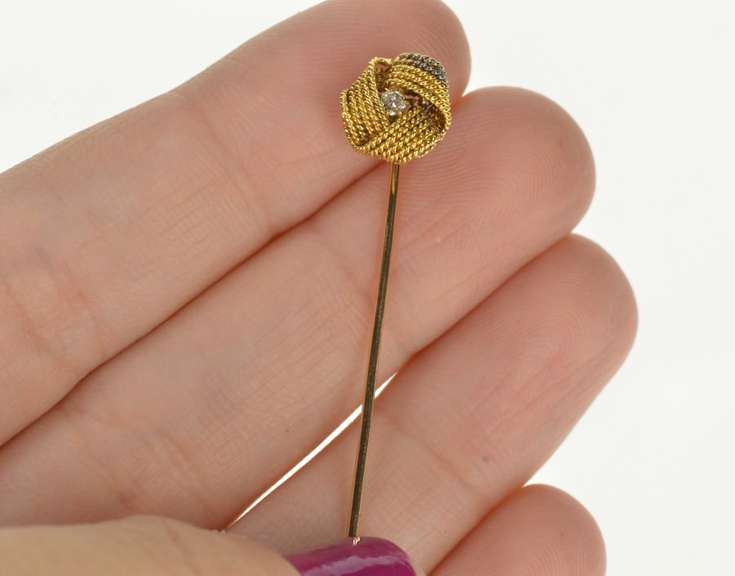 14K Yellow Gold Retro Diamond Inset Rope Knot Stick Pin