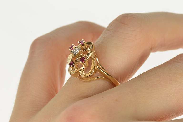 10K Yellow Gold Retro Ruby Diamond Wavy Heart Statement Ring