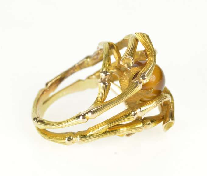 14K Yellow Gold Tiger's Eye 1960's Bamboo Statement Cocktail Ring