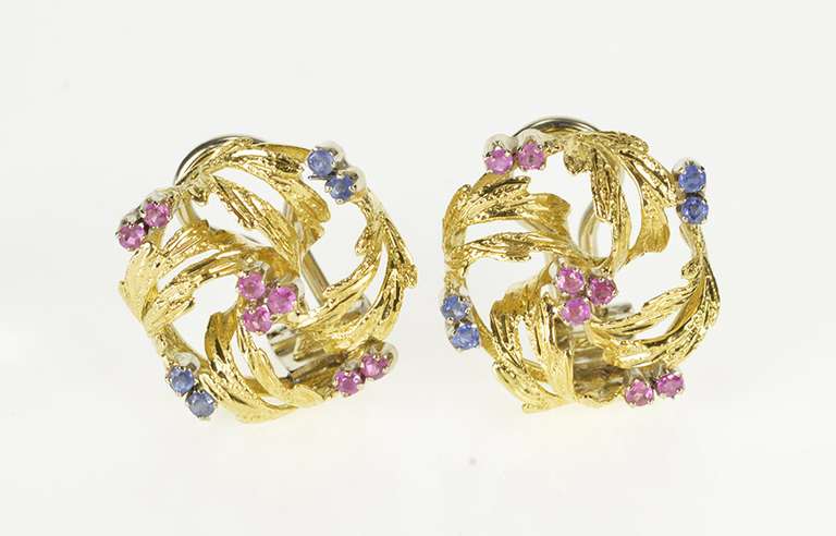 18K Yellow Gold 2/3 Ctw Ruby Sapphire Diamond Retro Wreath Earrings