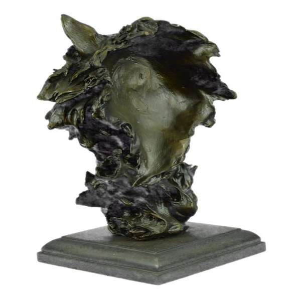 Wolf Head Bust Wild Life Figurine Marble Base Bronze Statue