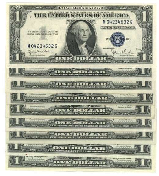 6 1935 & 3 1957 Series $1 Silver Certificates. AU/CU