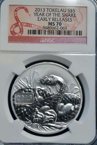 2013 Tokelau S$5 Year Of The Snake NGC MS 70 ER