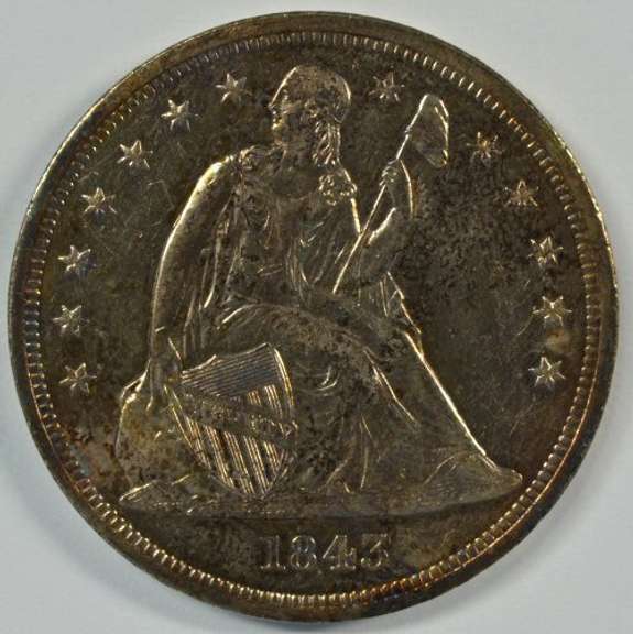 Scarce AU 1843 No Motto Liberty Seated Silver Dollar