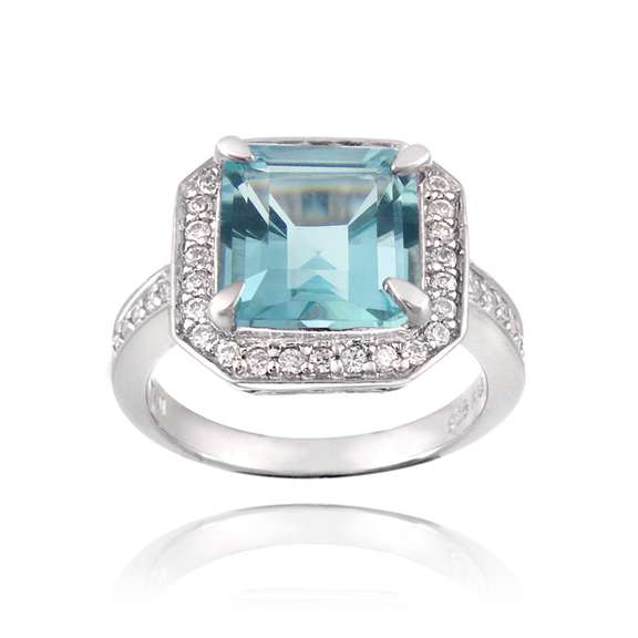 Sterling Silver 6.2ct Blue Topaz & CZ Square Ring