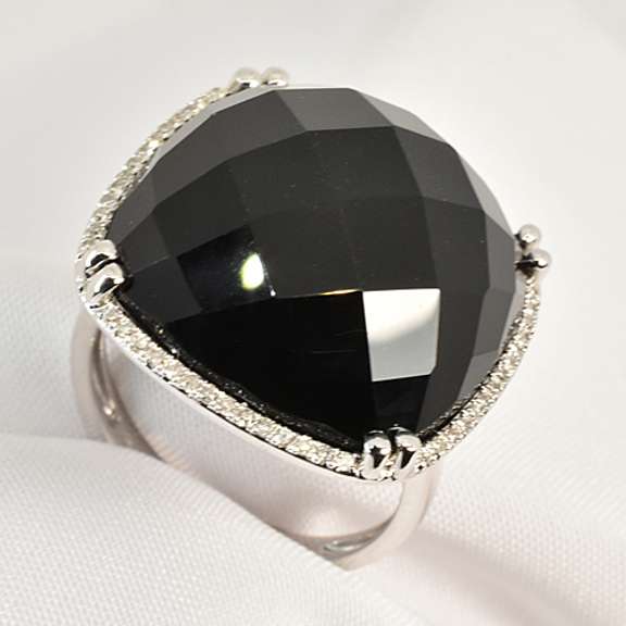 Stylish Black Agate and Diamond Ring in 14K WG