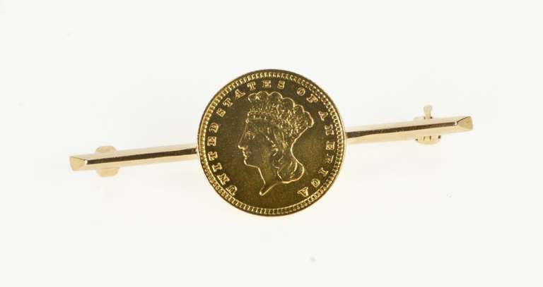 14K Yellow Gold 1857 Indian Princess Head Dollar Coin Bar Pin/Brooch
