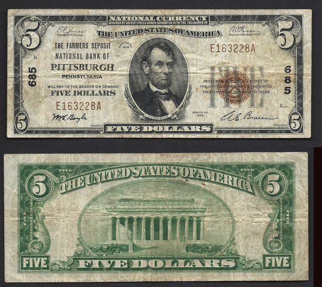 $5 1929-I NBN Farmers Deposit National Bank Pittsburgh PA Ch. 685 Fine