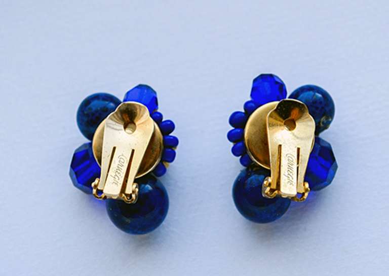 Vintage Signed Lapis Lazuli Clip Earrings by Carnegie