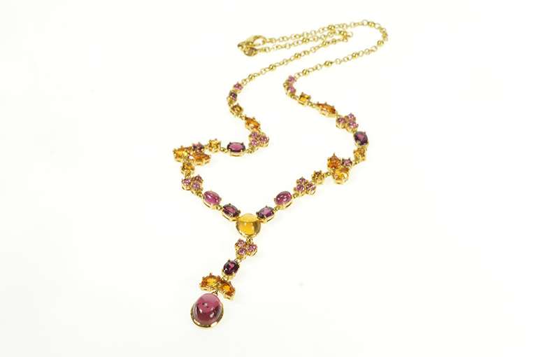 18K Yellow Gold Tourmaline Citrine Floral Drop Statement Necklace