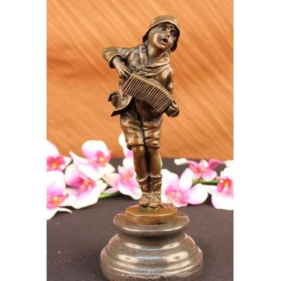 Boy with Accordion Bronze Sculpture Statue on Marble Base