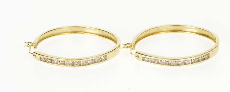 14K Yellow Gold 1.20 Ctw Channel Diamond Inset Fashion Hoop Earrings