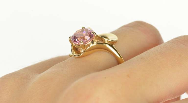 14K Yellow Gold Round Pink Topaz Solitaire Wavy Statement Ring