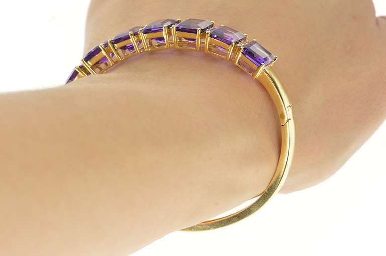 14K Yellow Gold Emerald Cut Amethyst Diamond Inset Bangle Bracelet