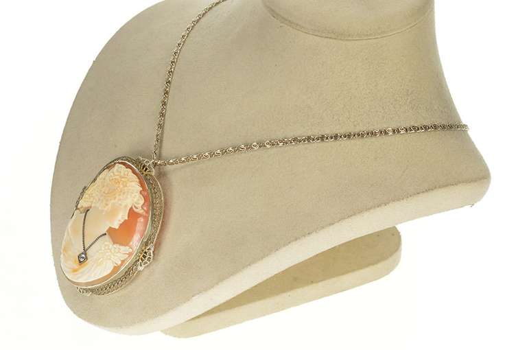 14K White Gold Art Deco Carved Lady Diamond Cameo Filigree Necklace