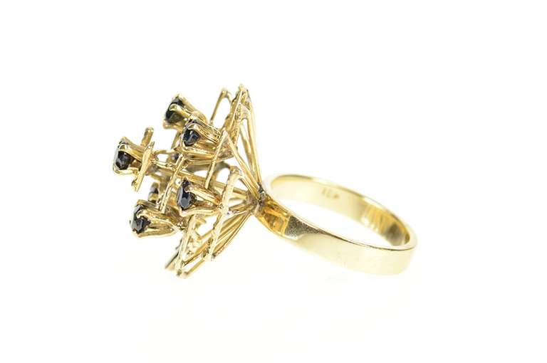 18K Yellow Gold Retro Geometric Bar Sapphire Cocktail Ring