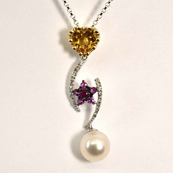 Classy Citrine, Diamond, & Pearl Pendant Necklace