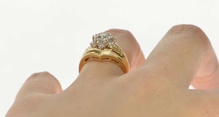 14K Yellow Gold Round Diamond Cluster Scroll Filigree Statement Ring