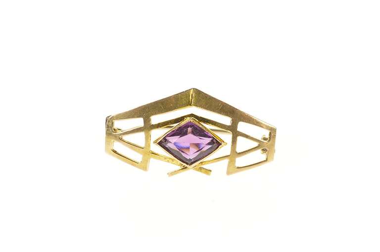10K Yellow Gold Amethyst Inset Victorian Ornate Geometric Pin/Brooch