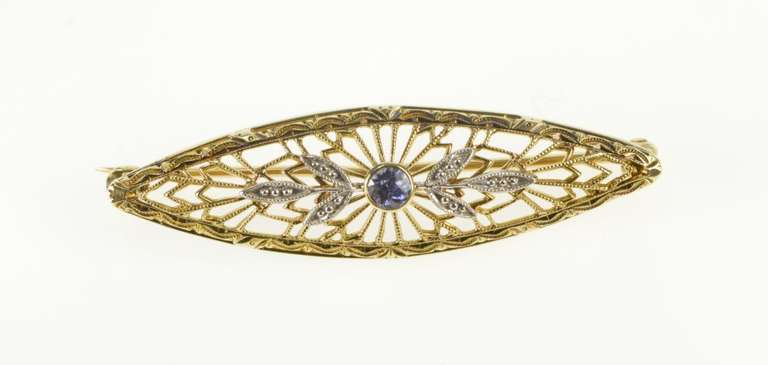 14K Yellow Gold Two Tone Filigree Floral Sapphire Art Deco Pin/Brooch