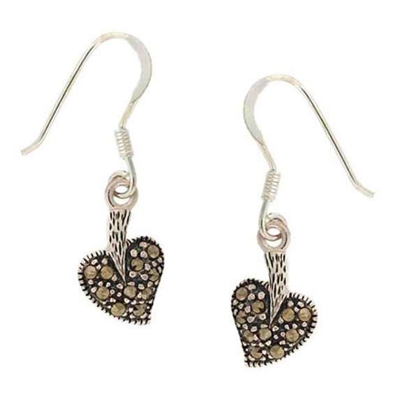 Sterling Silver Marcasite Heart Shaped Dangle Earrings