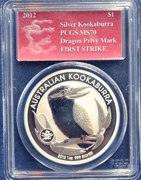 2012  1 oz Silver Kookaburra PCGS MS 70 Dragon Privy Mark First Strike