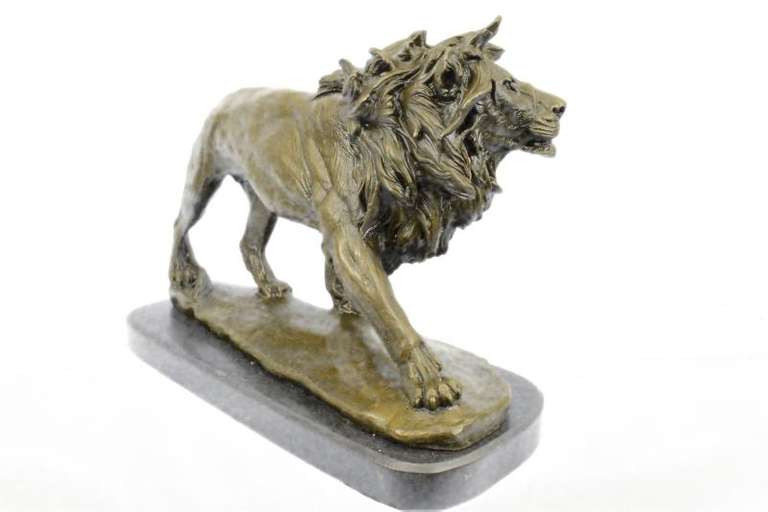 Large Ferocious Male African Lion Bronze Sculpture Marble Base
