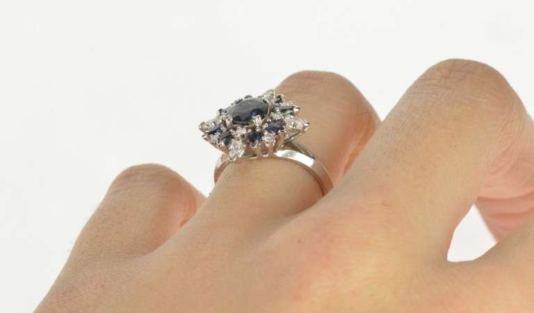 18K White Gold 1.88 Ctw Round Sapphire Diamond Halo Cocktail Ring