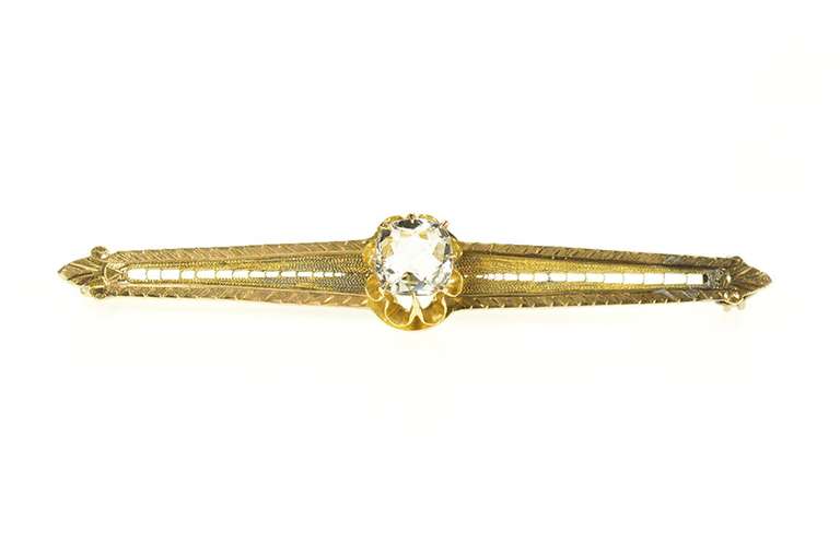 14K Yellow Gold Victorian Cushion Solitaire Ornate Bar Pin/Brooch