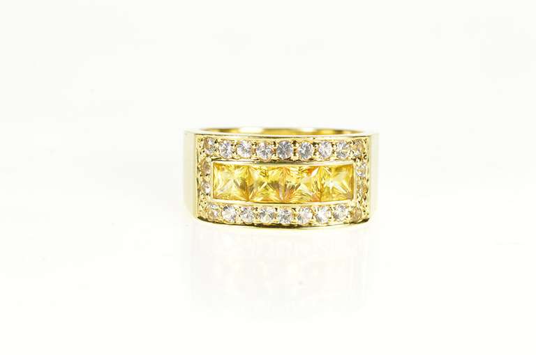 18K Yellow Gold Princess Citrine CZ Channel Squared Halo Band Ring