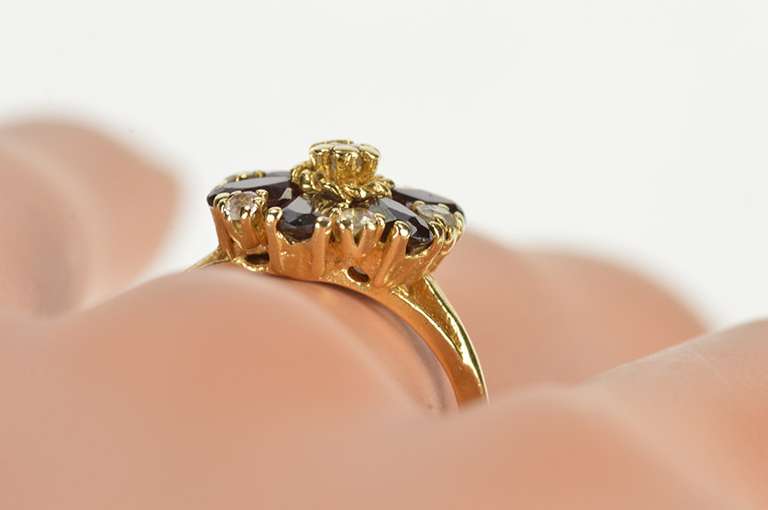 14K Yellow Gold Oval Garnet CZ Floral Cluster Cocktail Ring