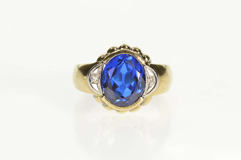 10K Yellow Gold Men's Retro Syn. Sapphire Diamond Statement Ring