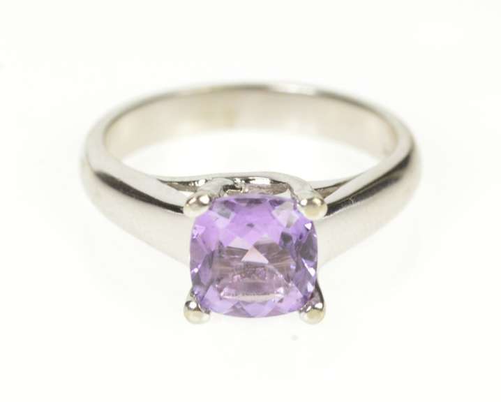 14K White Gold Amethyst Cushion Solitaire Classic Statement Ring