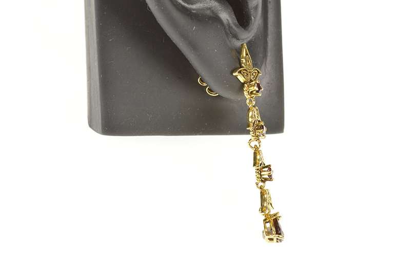 14K Yellow Gold Tiered Leaf Vine Dangle Garnet Statement Earrings