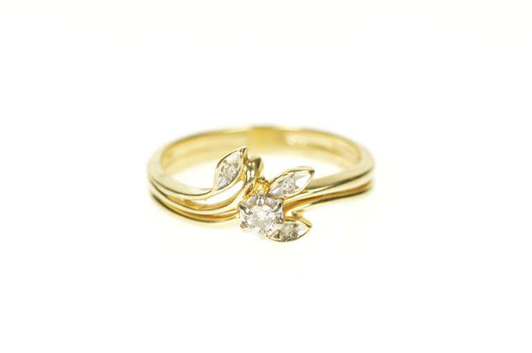 14K Yellow Gold Diamond Leaf Branch Bridal Set Engagement Ring