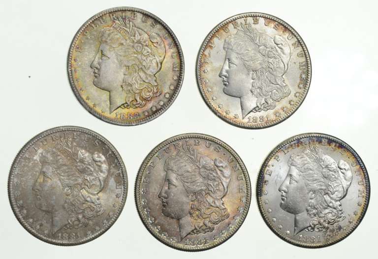 Lot (5) 1881-S & 1883-O Morgan Silver Dollars - TONED! - Choice Unc