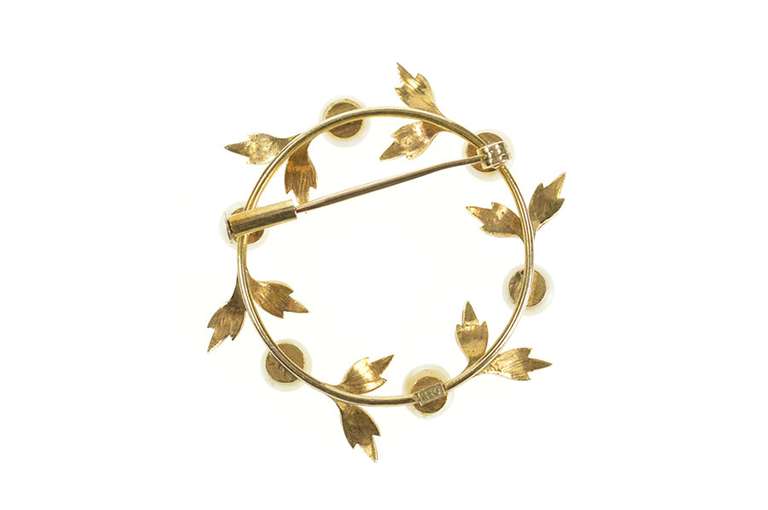 10K Yellow Gold Pearl Leaf Vine Circle Retro Statement Pin/Brooch