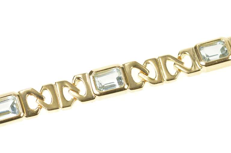 14K Yellow Gold Emerald Cut Blue Topaz Squared Chain Bracelet